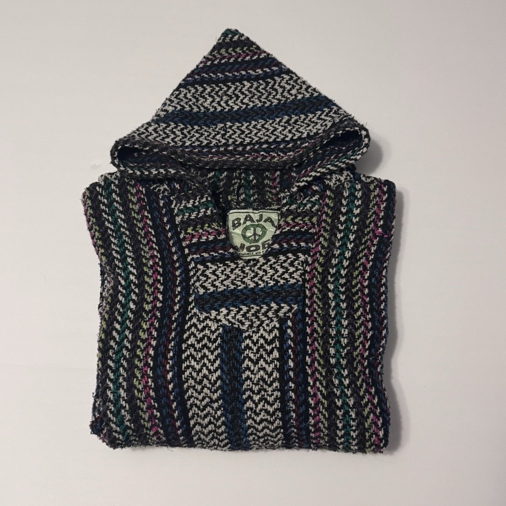 Baja Joe Mexican Woven Drug Rug Multicolor Hoodie‎ Size M Hippie Surfer